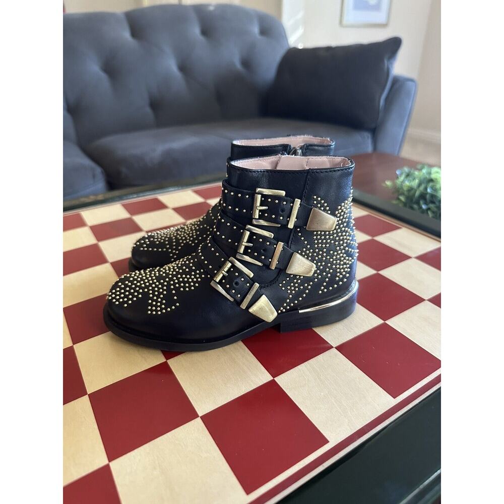 New Chloe Iconic Susanna Leather Studded Boot, Black/Silver Studs, Child US 10